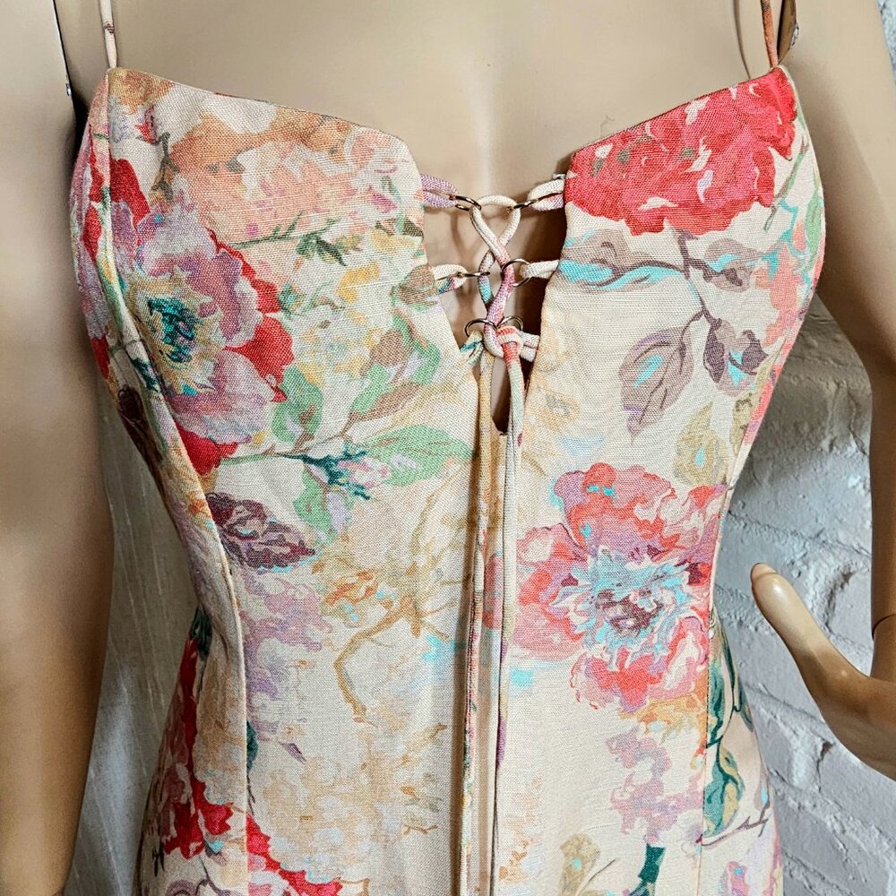 Significant Other Floral Midi Dress Size 10 Peach Coral Lace-Up Bodice - Picture 4 of 14